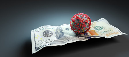 Coronavirus Covid19 on one hundred dollar bill. Concept of economic crisis during pandemic. 3D...