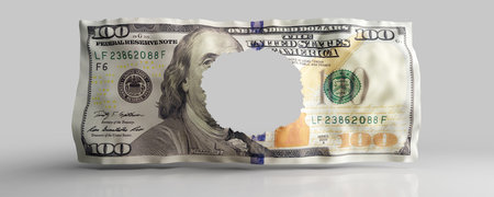 Hole in one hundred dollar bill, 100 USD. Financial crisis or leaky budget concept