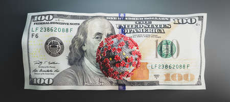 Coronavirus Covid19 on one hundred dollar bill. Concept of economic crisis during pandemic. 3D illustrationの写真素材