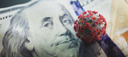 Coronavirus Covid19 on one hundred dollar bill. Concept of economic crisis during pandemic. 3D illustrationの写真素材