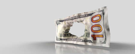 Hole in one hundred dollar bill, 100 USD. Financial crisis or leaky budget conceptの写真素材