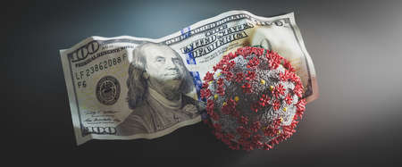 Coronavirus Covid19 on crumpled one hundred dollar bill. Concept of economic crisis during pandemic. 3D illustrationの写真素材