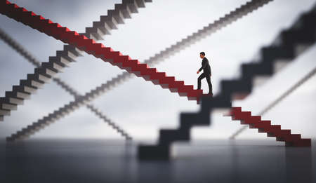 Businessman going upstairs on his selected way. Concept of business decision and making a choice. 3D illustrationの写真素材