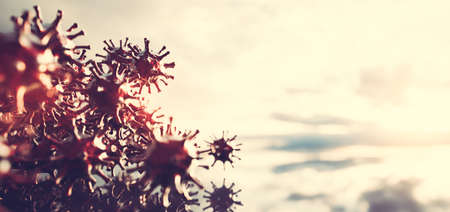 Virus cells background. Concept of Coronavirus Covid-19 being pushed out from the world. 3D illustrationの写真素材