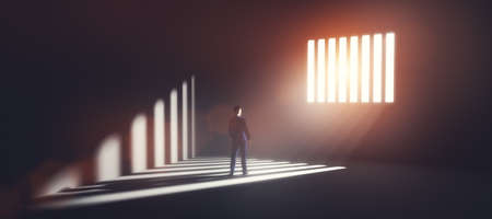 Businessman in jail looking at light coming from behind prison bars. Concept of economic offense, punishment but also hope of freedom. 3D illustrationの写真素材