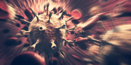 Coronavirus Covid 19 and blood cells in organism. Virus causing pandemic around the world. 3D render