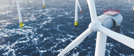Offshore wind power and energy farm with many wind turbines on the ocean. Sustainable electricity...