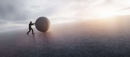 Businessman pushing heavy rock. Concept of difficult task, effort and struggle. 3D illustrationの写真素材