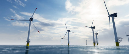 Offshore wind power and energy farm with many wind turbines on the ocean. Sustainable electricity...