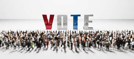 Vote slogan in front of large group of people. Political incentive conceptual 3D illustrationの写真素材