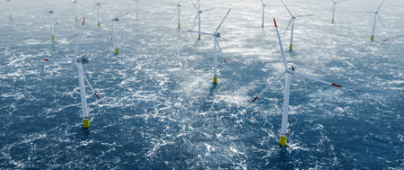 Offshore wind power and energy farm with many wind turbines on the ocean. Sustainable electricity...