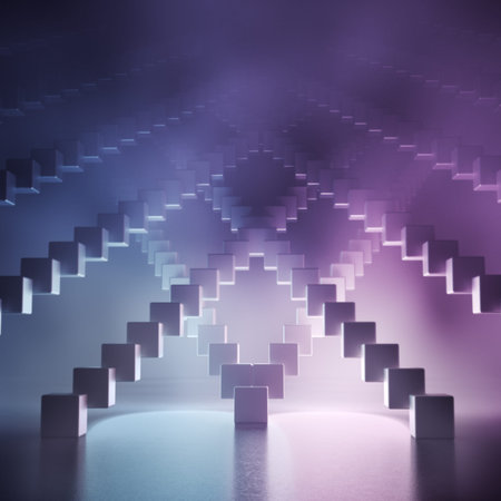 Abstract shape made with cubes in neon light duotone colors. Energy and show background