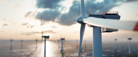 Offshore wind power and energy farm with many wind turbines on the ocean. Sustainable electricity...