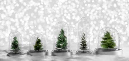 Collection of Christmas trees in glass jars on winter background. 3D illustrationの写真素材