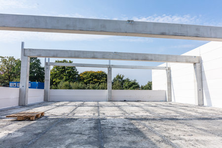 Warehouse construction site. Building a new industrial hall or storehouse