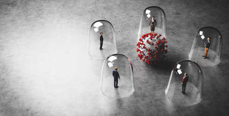 Coronavirus Covid19 between people in glassy protection. Social distancing in coronavirus pandemic. 3D illustrationの写真素材