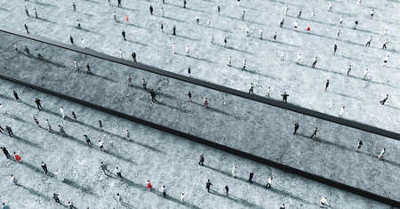 Groups of people behind two sides of glass wall. Concept of quarantine, social separation and isolation. 3D illustrationの写真素材