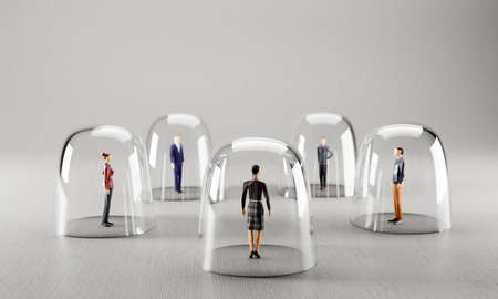 People meet from behind glassy protection. Social distancing in coronavirus pandemic. 3D illustrationの写真素材