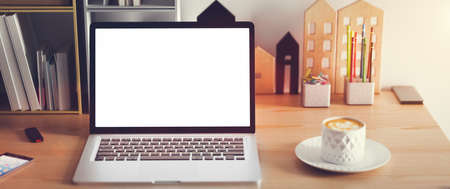 Home office interior. White screen on laptop. 3D illustrationの写真素材