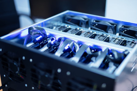 Bitcoin and cryptocurrency miner - a mining computer. Close-up on several GPU