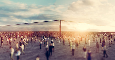 Groups of people behind two sides of glass wall. Concept of quarantine, social separation and...