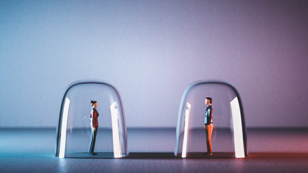 Man and woman meet from behind glassy bubbles. Social distancing in coronavirus pandemic. 3D...