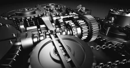 Gears and cogs mechanism. Industrial machine, engine. Close-up macro. Black and white 3D illustrationの写真素材