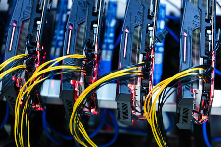 Bitcoin and cryptocurrency miner - a mining computer. Close-up on several GPUの写真素材