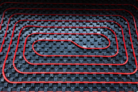 Floor heating installation, pipes and pipelines. Interior architecture industryの写真素材