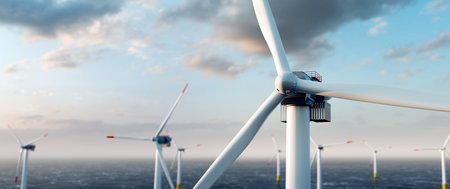 Offshore wind power and energy farm with many wind turbines on the ocean. Sustainable electricity productionの写真素材