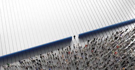 Businessman, a leader going through the wall. Crowd of people behind him. 3D illustration