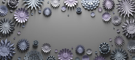 Paper flowers on black background with empty space in the middle. Handmade decoration art. 3D...