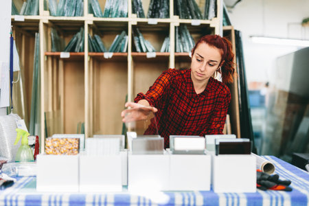 Woman worker packing products for shipment. Industry, manual workの写真素材