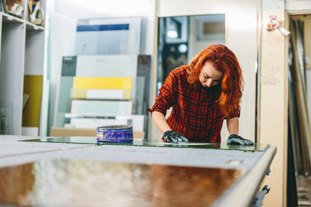 Glazier woman worker polishing glass in workshop. Industry and manufactory productionの写真素材