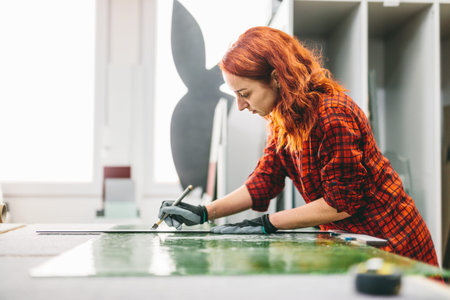 Glazier woman worker cutting glass in workshop. Industry and manufactory production
