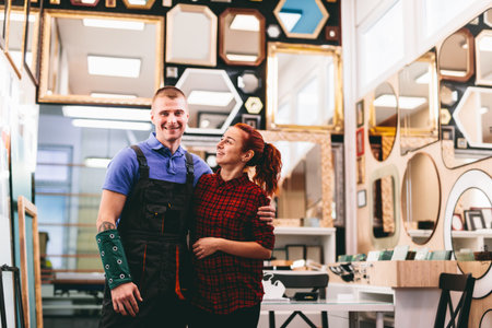Small business owners portrait. A local mirror shop with handmade framesの写真素材