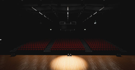 Theater with empty stage in spotlight. Red theater curtain and seats. 3D illustrationの写真素材