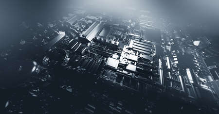 Cyberpunk or steampunk industrial background with various engine, mechanical and technical elements. 3D illustrationの写真素材