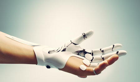 Robotic bionic hand connected with human hand. Modern technology, prosthesis medicine. 3D illustrationの写真素材