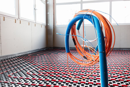Floor heating and electrical outputs in a new building. Interior design and finishing industry. Office and apartmentの写真素材