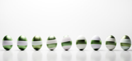 Elegant shiny Easter eggs painted in green stripes. Modern decoration, greeting cardの写真素材