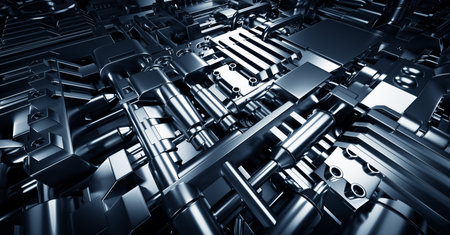 Industrial steel background with various engine, mechanical and technical elements. 3D illustration