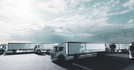 Fleet of new heavy trucks. Transportation, shipping industry. 3D illustrationの写真素材