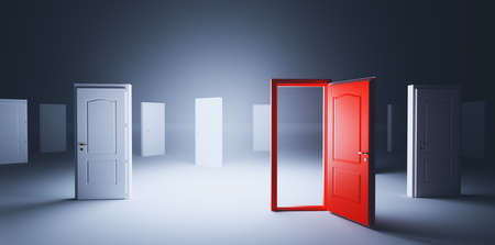 Choose open door. Choise and decision in life concept. Conceptual 3D illustrationの写真素材