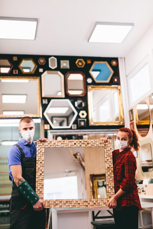 Small business owners with face masks   pandemicの写真素材