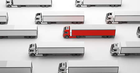 Fleet of new heavy trucks with one selected. Transport, shipping industry. 3D illustrationの写真素材