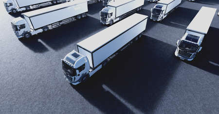 Fleet of new heavy trucks. Transportation, shipping industry. 3D illustrationの写真素材
