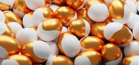 Elegant painted white Easter eggs with golden shiny paint. Modern decoration, greeting cardの写真素材
