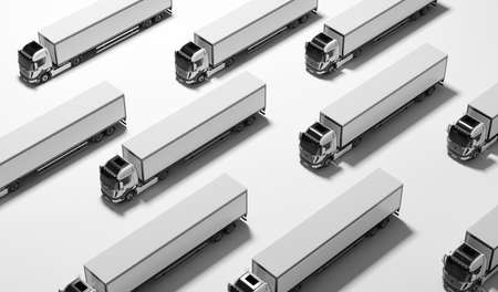 Fleet of new heavy trucks on white. Transport, shipping industry. 3D illustrationの写真素材