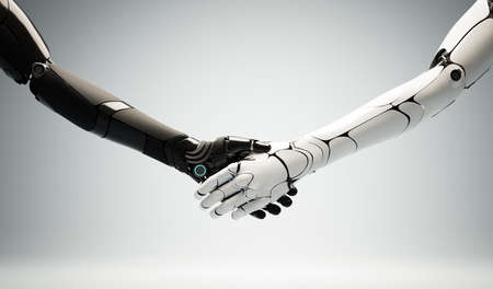 Robots handshake. Robotic hands gesture of deal and agreementの写真素材